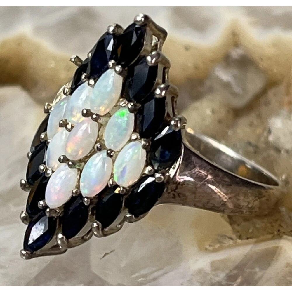925 Sterling Silver Opal Blue Sapphire Cluster Cocktail Ring Size 7.5 Signed